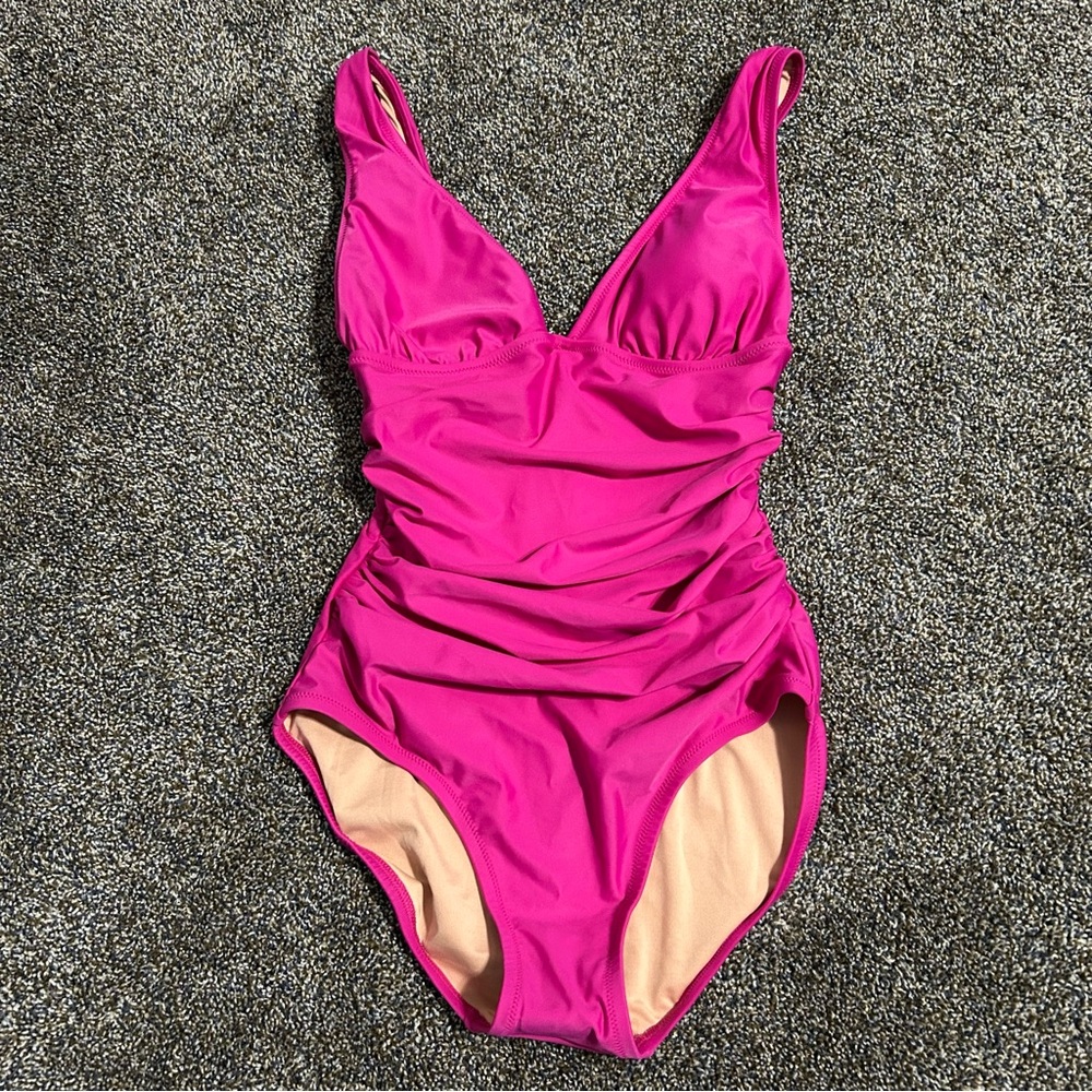 NWT J Crew size 4 deep v neck pink one piece swimsuit bathing suit beach Barbie - Picture 5 of 10